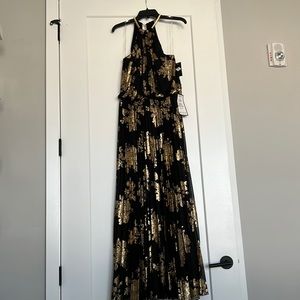 NWT Metallic-Print Pleated Blouson Gown